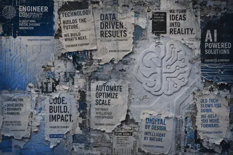 A blue and grey collage of torn technology posters with English slogans, circuit traces and the Engineer brain-and-circuit symbol.