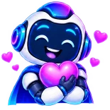 The Engineer mascot: a friendly blue and white robot in a circuit-patterned cape, seen from the waist up, holding a pink heart to its chest with small hearts floating around it