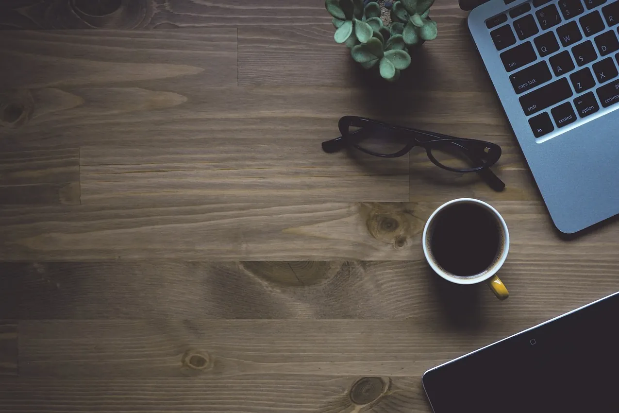 Workspace, coffee, laptop
