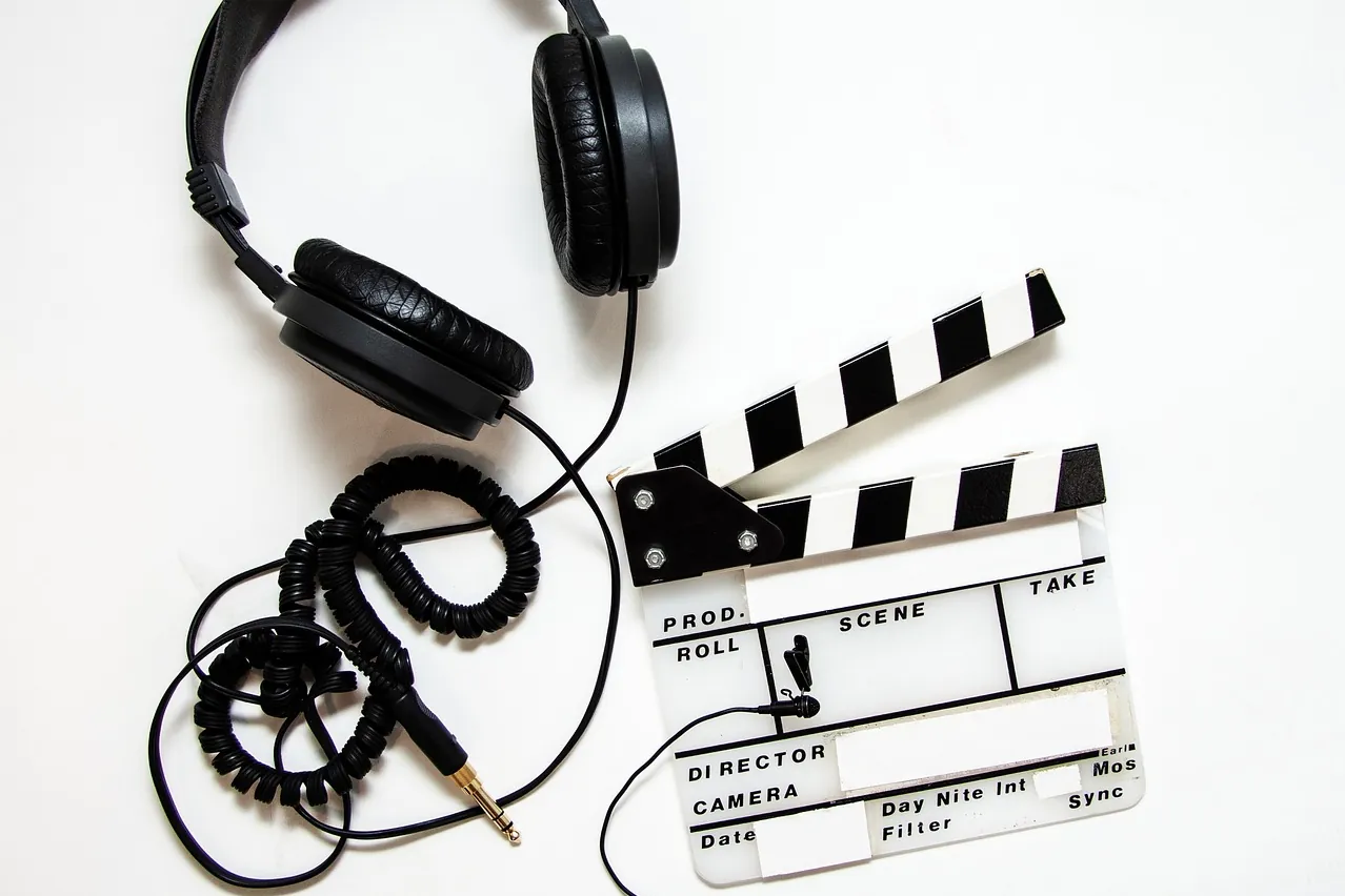 Headphones, clapper, clapperboard
