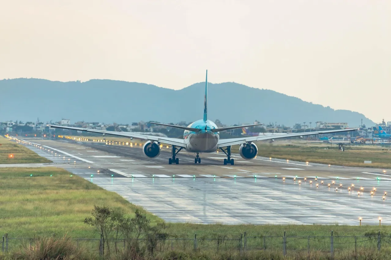 Airplane takeoff, beautiful plane, on the runway