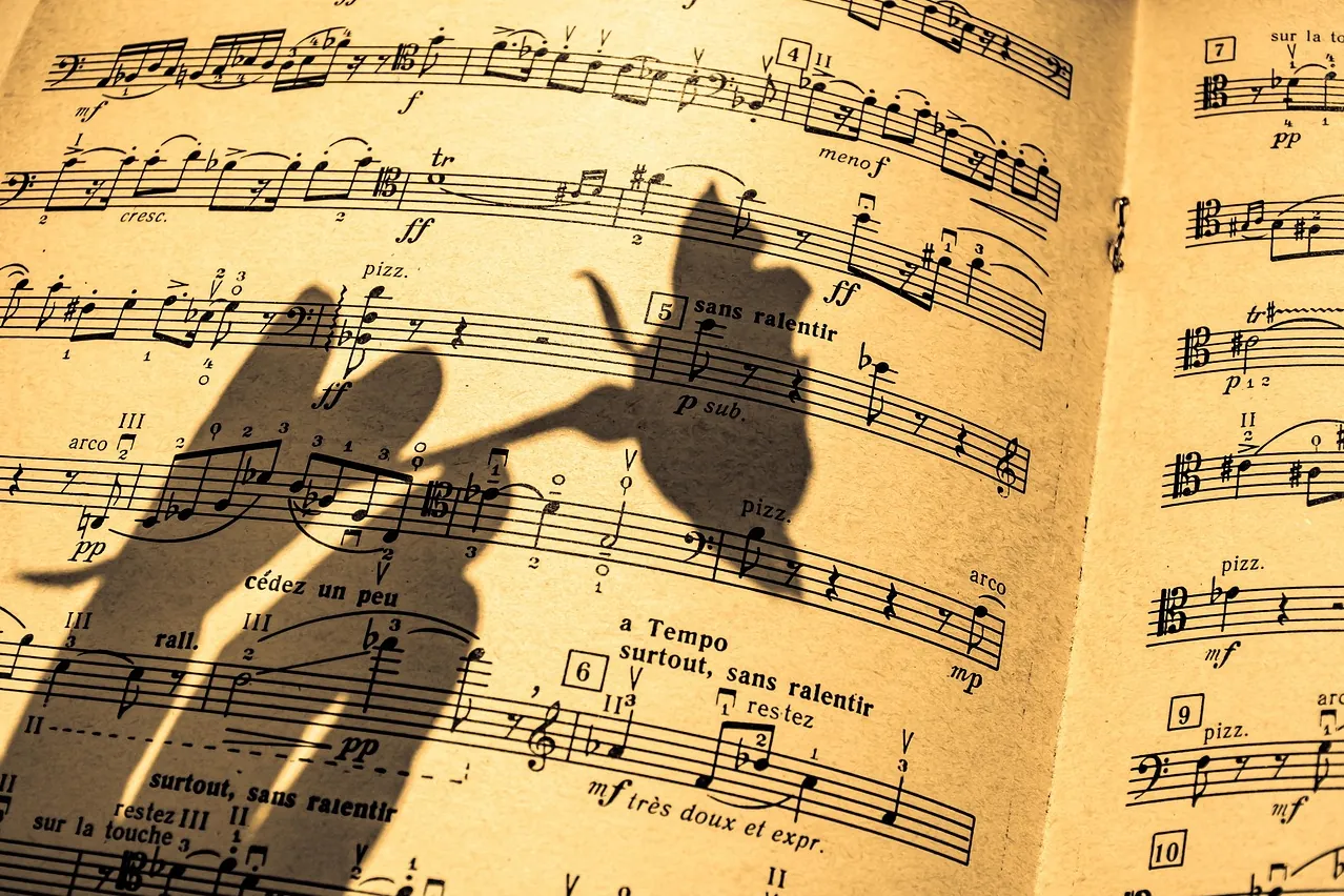 Music sheet, in a shadow, flute