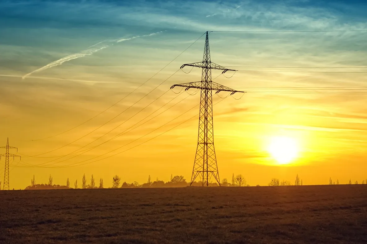 Power lines, fields, sunset