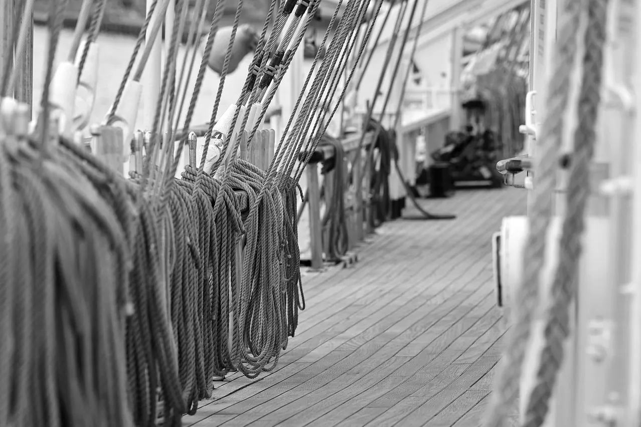 Sailing vessel, ship deck, roaps